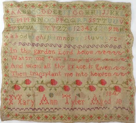 A Victorian pictorial motto alphabetic and numeric sampler, by Mary Ann Tyler Aged 10, dated 1847, 57cm x 41cm.