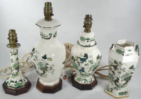 Various 20thC Mason's Ironstone Chartreuse pattern china, comprising of three various lamps, 37cm H, etc. and a vase. (4)