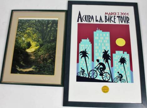 A Los Angeles Marathon March 7th 2004 poster, Acura La Bike Tour, in colours, 91cm x 61cm, glazed and framed and a further print, woodland scene. (2)