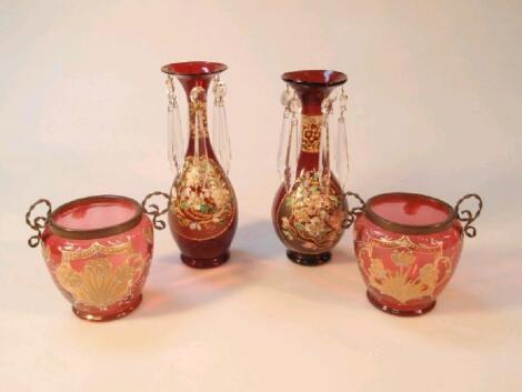 A pair of ruby glass baluster vases with everted rims