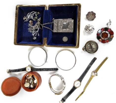 Various bygone, collectables, jewellery, costume jewellery, Capodimonte floral brooch, 4cm H, 20thC oak book in plated casing with pencil, silver brooches, cuff links, wristwatches, compass, 6cm H, etc. (a quantity)