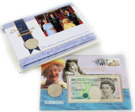 Three Queen Elizabeth The Queen Mother five pound note and five pound coin Royal Mint sets, and Queen Elizabeth The Queen Mother Four Royal Generations stamp and coin set. (6)