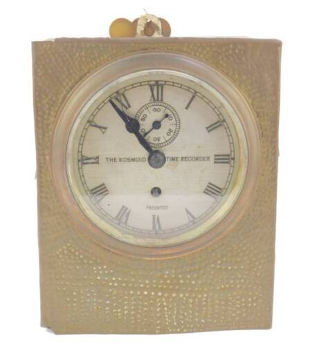 The Kosmoid Time Recorder Clock, circular silvered dial bearing Roman numerals, subsidiary seconds dial, oak box cased with tooled brass front, with key, 21cm W, 15cm D, 26cm H.