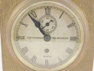 The Kosmoid Time Recorder Clock, circular silvered dial bearing Roman numerals, subsidiary seconds dial, oak box cased with tooled brass front, with key, 21cm W, 15cm D, 26cm H. - 2