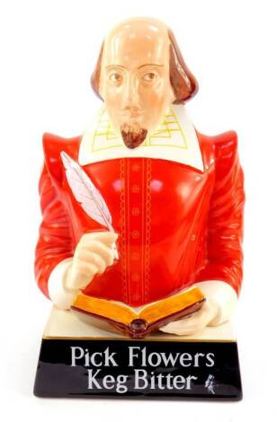 A Carltonware pottery brewery advertising bust modelled as Shakespeare, raised on a square plinth, for Pick Flowers Keg Bitter, printed mark, 26cm H.