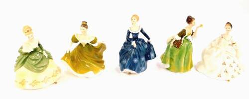 Five Royal Doulton figures, comprising Soiree HN2312, Fleur HN2368, Fragrance HN2334, Lynne HN2329, and My Love HN2339.