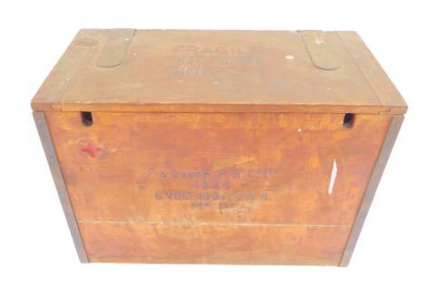 A WWII wooden and iron bound field battery box, P & G and EPS Company Ltd, Mk IV, 1945, 28cm H, 40cm W, 19cm D.