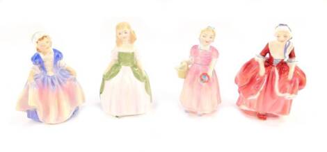 Four Royal Doulton porcelain figures, modelled as Tinkle Bell HN1677, Penny HN2338, Dinky-Do HN1678, and Goody Two Shoes HN2037.