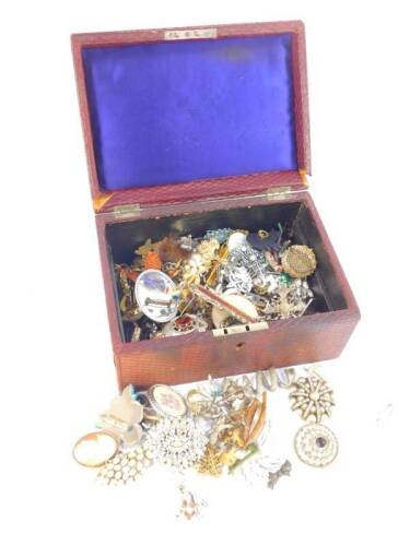 Victorian and later silver and costume brooches, contained in a red leather jewellery box. (qty)