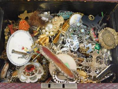 Victorian and later silver and costume brooches, contained in a red leather jewellery box. (qty) - 2
