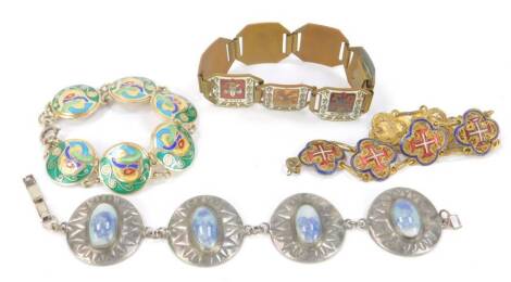 A Celtic style white metal and enamel circular link bracelet, a French early 20thC brass and enamel bracelet decorated with links of coat of arms of the cities and towns of Northern France, filigree bracelet, and a pewter four link bracelet set with stone