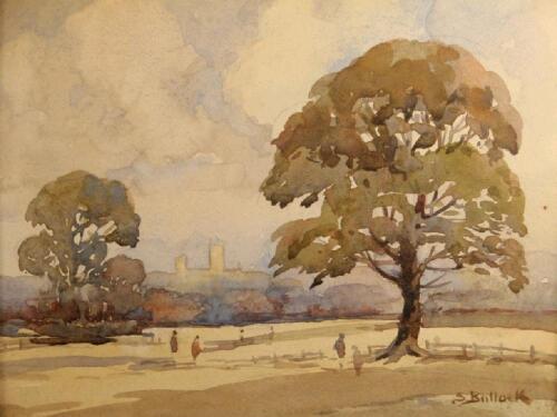 S Bullock. A landscape watercolour with a view of Lincoln Cathedral in the distance