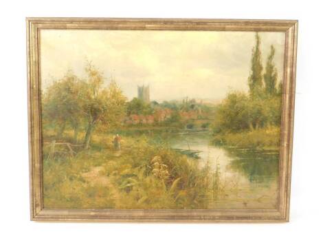 English School (19thC). River landscape with village beyond, and woman walking along a path, oil on board, 35cm x 47.5cm.