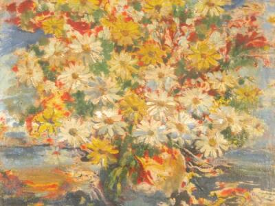 H.E. (20th century), still life of a bowl of michealmas daisies,