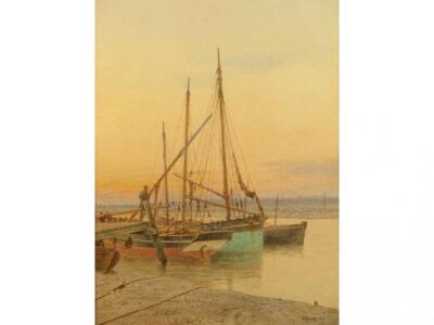 Exxx Furley, moored fishing boats by a jetty, watercolour, signed,