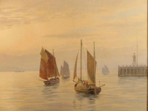 Exxx Furley, fishing boats leaving harbour at dawn, watercolour,