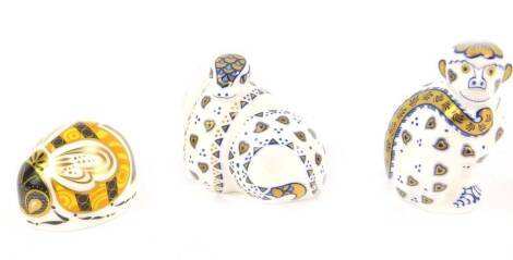 Three Royal Crown Derby imari paperweights, modelled as Bumble Bee, snake, and monkey, all boxed.