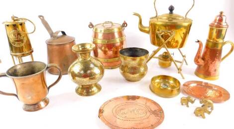 An Eccles Type 6 M&G safety lamp, The Protector Lamp and Lighting Company Ltd Eccles, French copper and brass infuser coffee pot, Oldham pint tankard, copper and brass bound barrel, brass kettle on stand and further copper and brass ware. (qty)