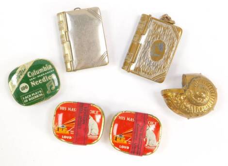 Three tins of gramophone needles, two stamp cases formed as books, and a case formed as a shell. (6)