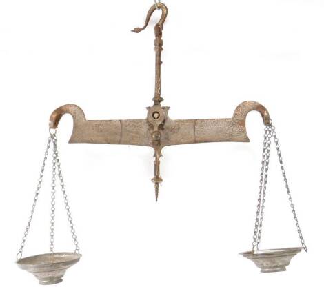 A set of vintage steel compensating hanging scales, 60cm W.