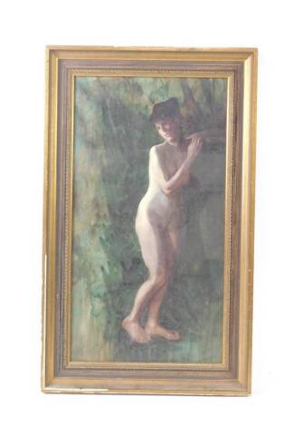 English School (20thC). Full length nude study of a woman, in standing pose, watercolour, verso detailed purchased Maples Antique Fair 1971 (Lady Drogo-Montagu), 56cm x 30cm.