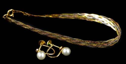 A tri-colour bracelet, with weave design bracelet, yellow metal, marked 9kt, 2g, and a pair of yellow metal and pearl earrings.