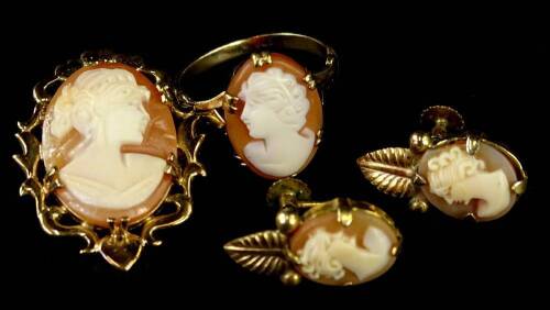 Various cameo jewellery, to include a pair of rolled gold cameo screw back earrings, and a cameo dress ring, in claw setting, ring size O, 2.8g, and a 9ct gold framed cameo brooch, 3.2cm x 2.5cm, 4.5g all in. (3)