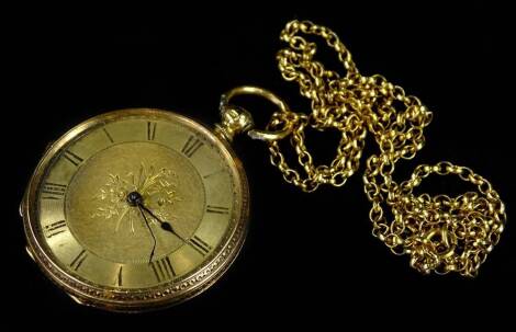 A fob watch and chain, the fob watch with circular design yellow metal watch head, with engraved flowers to centre, lacking glass, in yellow metal casing, unmarked, and a 9ct gold belcher chain, 39.5g all in.