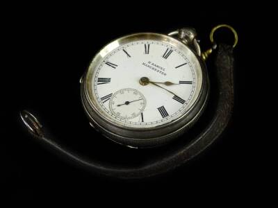 A H Samuel of Manchester silver pocket watch, with white enamel dial and roman numeral, key wind, and seconds dial, maker H & S, 122.5g all in.