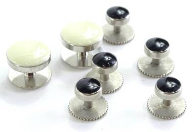 A small collection of button studs and cufflink's, each silver plated, some set with black agate stone. (1 pair and 5 match studs) (a quantity)