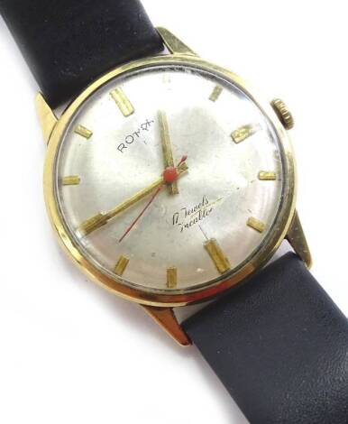 A Rotary gents wristwatch, with 17 dual movement, yellow metal back, unmarked, on a later black leather strap, boxed.