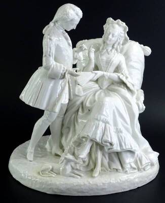 A late 19thC Dresden white glazed porcelain figure group, depicting a lady seated with a fan beside a gentleman and a dog, cross swords mark in blue to underside, (AF), 26cm W.