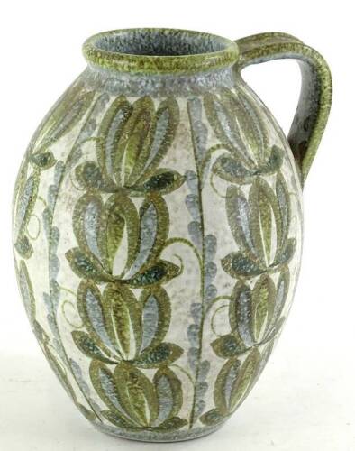 A Denby studio ware stoneware lotus shaped flagon, decorated with stylised leaves etc., by Glynn Colledge, printed mark in black underneath, 30cm H.