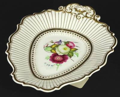 A 19thC Samuel Alcock porcelain dessert dish, with single handle, painted with flower sprays within gilt borders, unmarked, 28cm W.