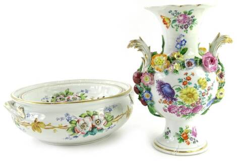 A Dresden porcelain vase, in a manner of Meissen, painted with flowers and with flower encrusted borders, blue cross swords mark to underside, 29cm H, and a Staffordshire porcelain soap dish, painted with flowers etc.