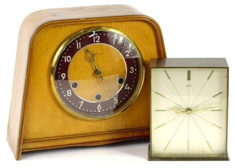 A mid 20thC Smiths walnut mantel clock, with Westminster chime, 23cm H, and a Smiths Tempora mantel clock, in a brass case, 16cm H.