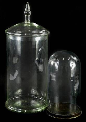 A large glass chemist or lab type storage jar, with turned finial, 55cm H and a glass dome on a turned base, 32cm H. (2)