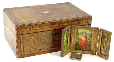 A Victorian walnut and parquetry writing box, lacking part of interior, 34cm W, and other items.