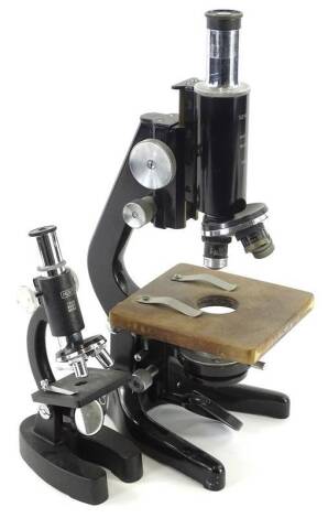 A Watson Barnet Service microscope, with chrome mounts, 36cm H, and a students or child's microscope. (2)