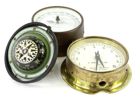 Scientific items, to include a Shortland Bowen barometer, mark 2, a Cook and Sons Limited brass pressure gauge, and a ship or boat compass. (3)