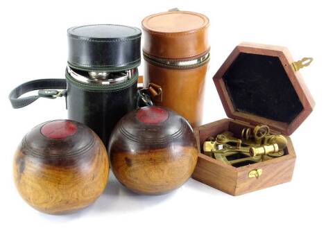 Bygones collectables, small Sexton, plated travel decanter set in leather case, 21cm H, another similar etc. (a quantity)