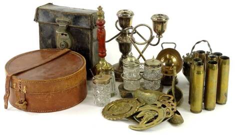 A collection of items, to include trenchart shells, a pair of trenchart small Gothic style baskets, engraved Ypres and Somme, a Cowley automatic level in leather case, and a brown leather collar box, containing collars etc.