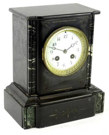 A French black slate mantel clock, the white enamel dial with Arabic numerals, 25cm H. Provenance: This timepiece formed part of Luke Jerram's installation Harrison's Garden, at The Ropewalk Gallery, Barton Upon Humber 2019.