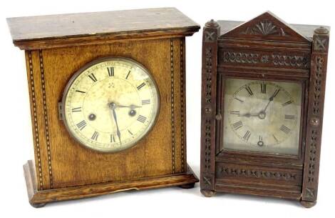 Two late 19thC German mantel clocks, one with a painted dial by Junghans, the other with a chip carved case. Provenance: This timepiece formed part of Luke Jerram's installation Harrison's Garden, at The Ropewalk Gallery, Barton Upon Humber 2019.