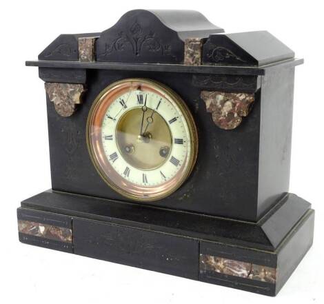 A French black slate and marble mantel clock, the shaped top above a part enamel dial, decorated with Roman Numerals, 26cm H. Provenance: This timepiece formed part of Luke Jerram's installation Harrison's Garden, at The Ropewalk Gallery, Barton Upon Humb