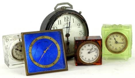 An Art Deco moulded glass timepiece, a strut clock stamped JC Vickery (AF) (5) Provenance: This timepiece formed part of Luke Jerram's installation Harrison's Garden, at The Ropewalk Gallery, Barton Upon Humber 2019.