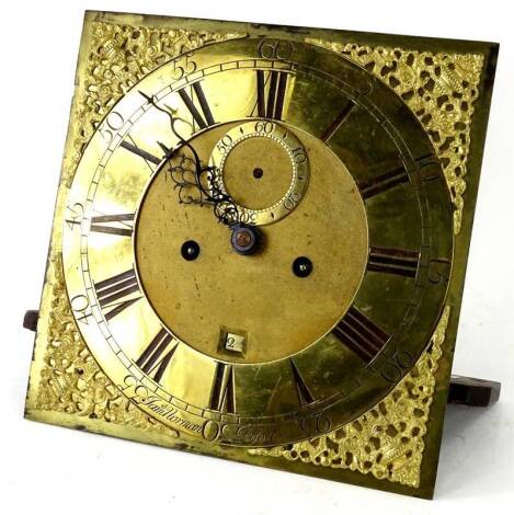 A late 18th/early 19thC long cased clock dial and movement, stamped James Norman of Poole, with the brass dial and chapering with Roman Numerals, 30cm dia, with four pillar, eight day movement, (AF) Provenance: This timepiece formed part of Luke Jerram's 