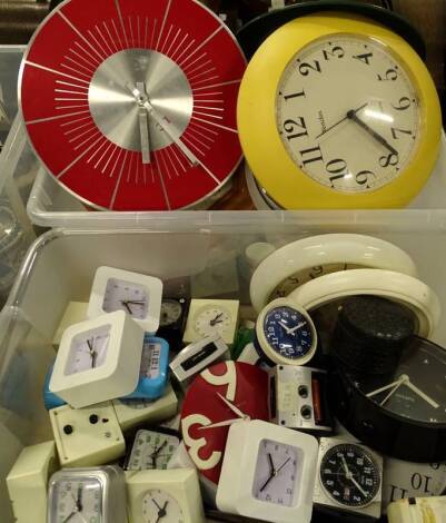 A quantity of late 20th/early 21stC alarm clocks wall clocks etc., to include a Westclox piece. (2 boxes) Provenance: This timepiece formed part of Luke Jerram's installation Harrison's Garden, at The Ropewalk Gallery, Barton Upon Humber 2019