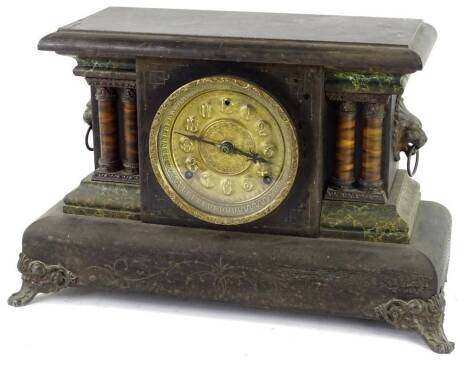 A late 19thC American ebonised mantel clock, in the French style with gilt metal mounts, 29cm L. Provenance: This timepiece formed part of Luke Jerram's installation Harrison's Garden, at The Ropewalk Gallery, Barton Upon Humber 2019.