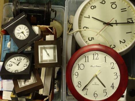 A large quantity of modern Quartz movement alarm and wall clocks etc. (2 boxes) Provenance: This timepiece formed part of Luke Jerram's installation Harrison's Garden, at The Ropewalk Gallery, Barton Upon Humber 2019.